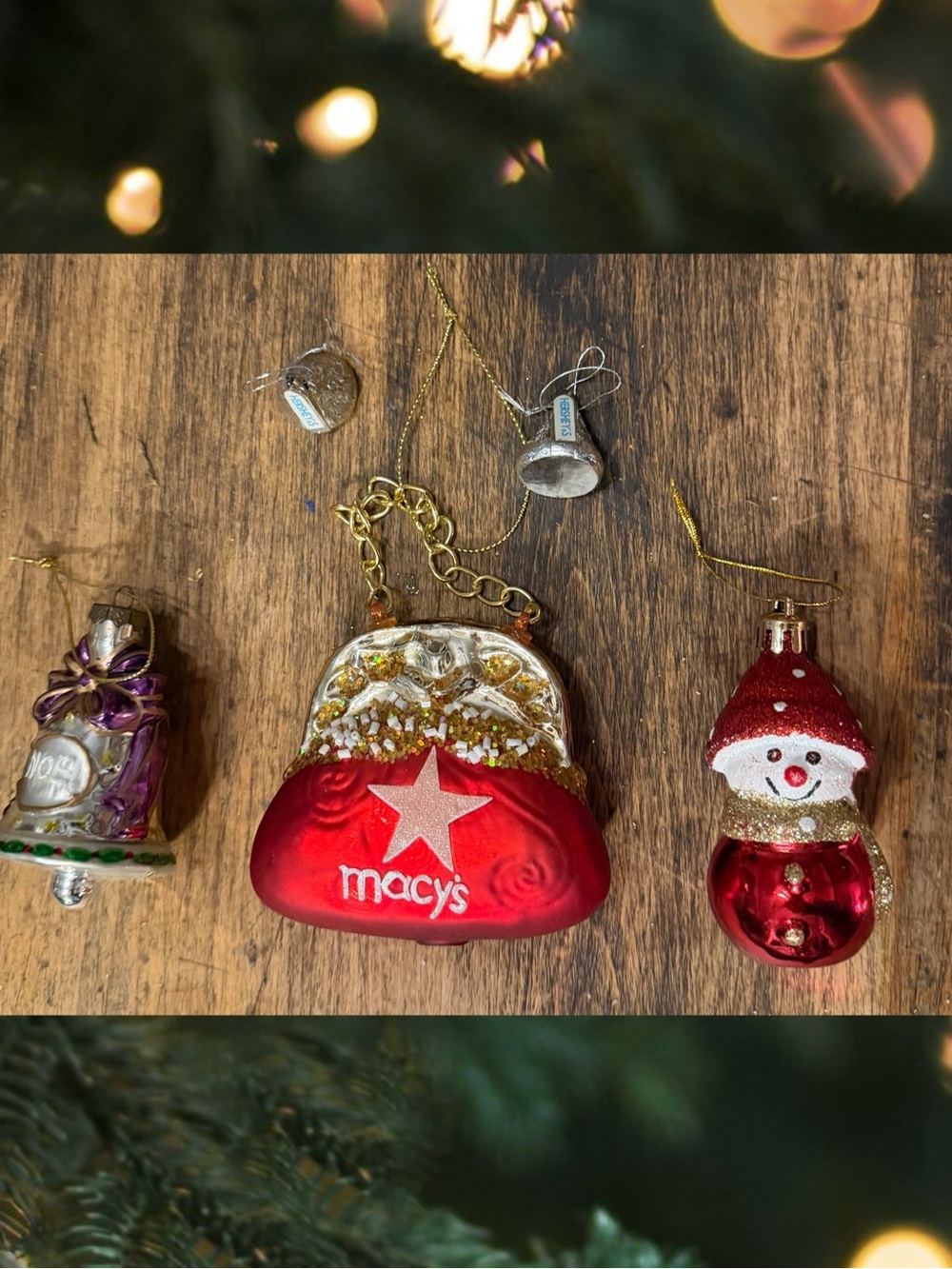 5 Vtg Christmas Ornaments Hershey’s Kisses, Macy’s, Pacconi, Snowman Blown Glass
